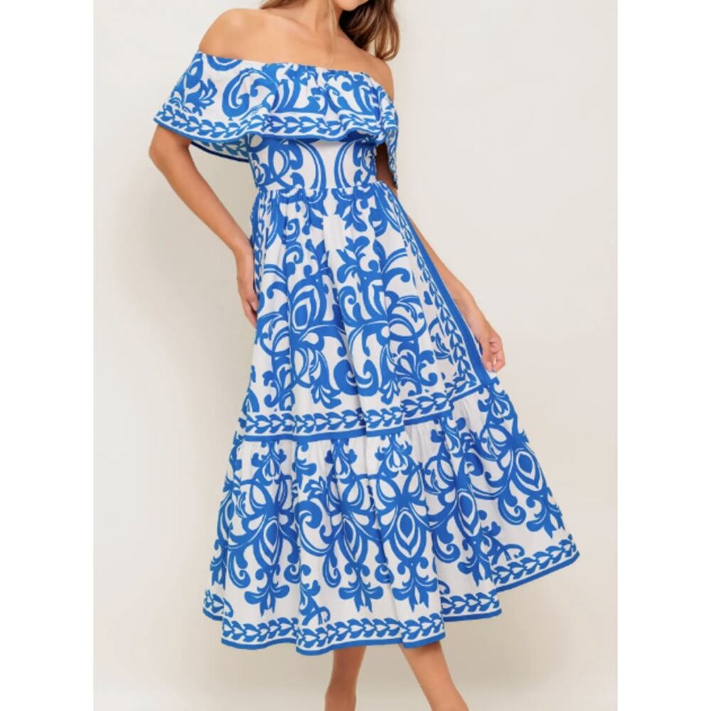Flying Tomato Blue & White Floral Print Off the Shoulder Midi Dress Large